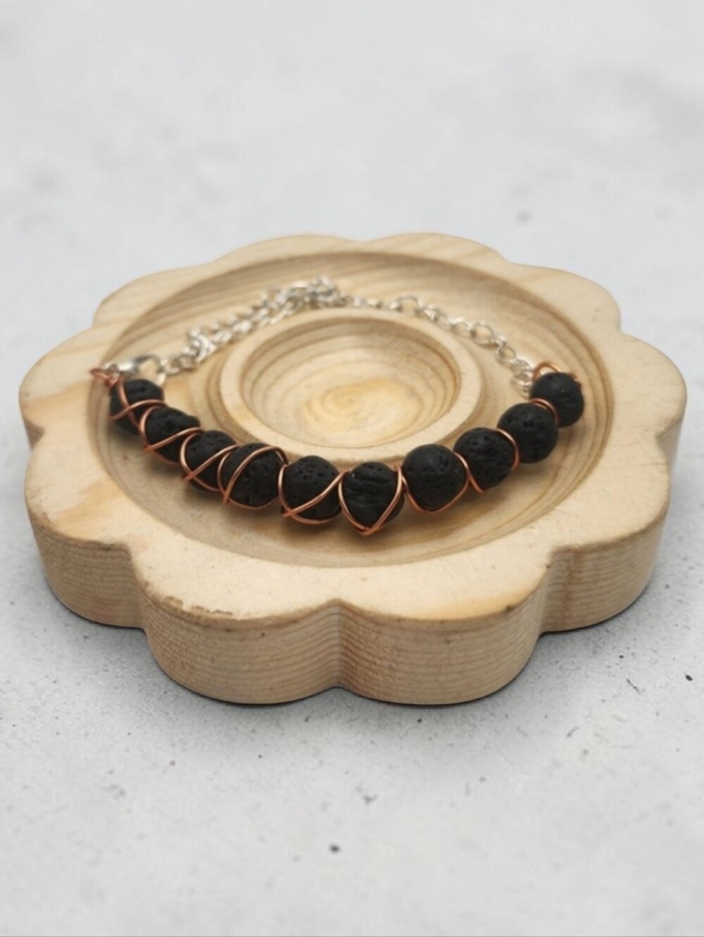 Handmade Black Lava Beaded Bracelet – Wire-Wrapped Adjustable Chain Jewelry